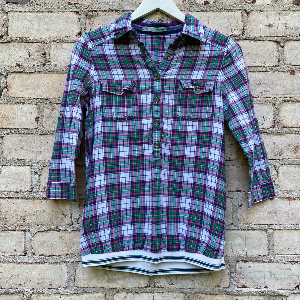 Maurices Plaid 1/2 Button Pullover 3/4 Sleeves Pink Green Yellow Gray Size Small